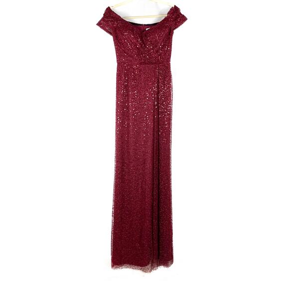 Teri Jon Burgundy Gown Sequin Beaded Tulle Off the Shoulder Dress Sz 2‎ Women's - Picture 2 of 9